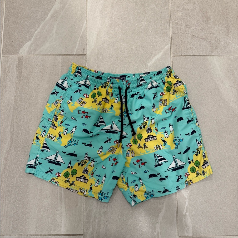 Vilebrequin Turquoise and Yellow Swim Trunks, lightly used, size L